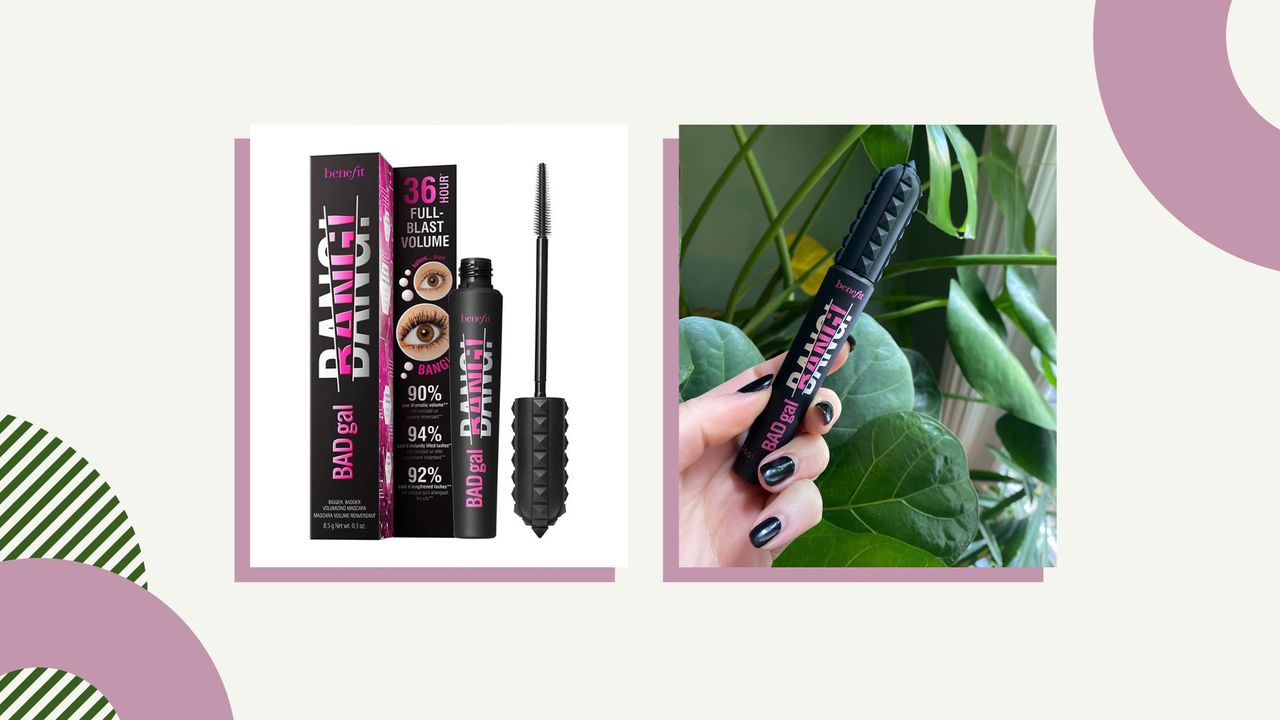 A collage of the Benefit Badgal Bang! mascara tube and the mascara in our beauty editor&#039;s hand