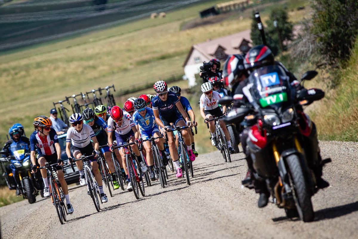 Katie Hall (USA)looks back at the group on stage 1 of the Colorado Classic on August 22, 2019 in Steamboat Springs, Colorado.