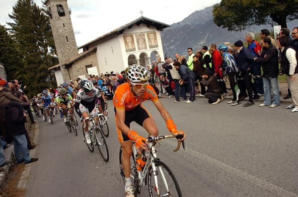 Olympic champion Samuel Sanchez climbs past the iconic Madonna del Ghisallo chapel.