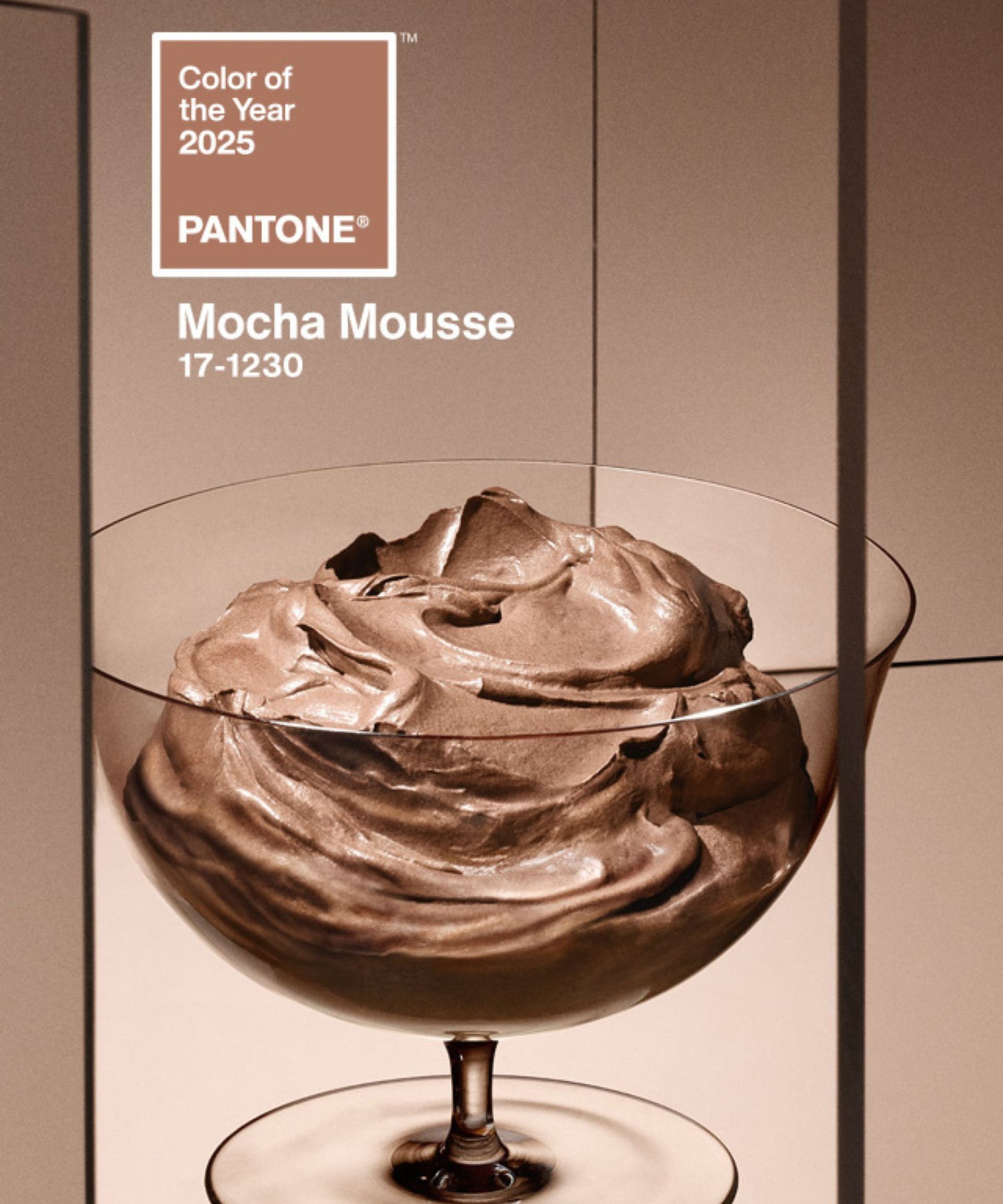 Pantone Color of the Year image of chocolate mousse in glass dish with color swatch in the top left corner