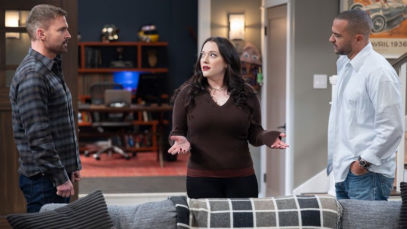 Kat Dennings looks confused in a sweater while talking to Seann William Scott and Jesse Williams in button downs in the Shifting Gears finale. 