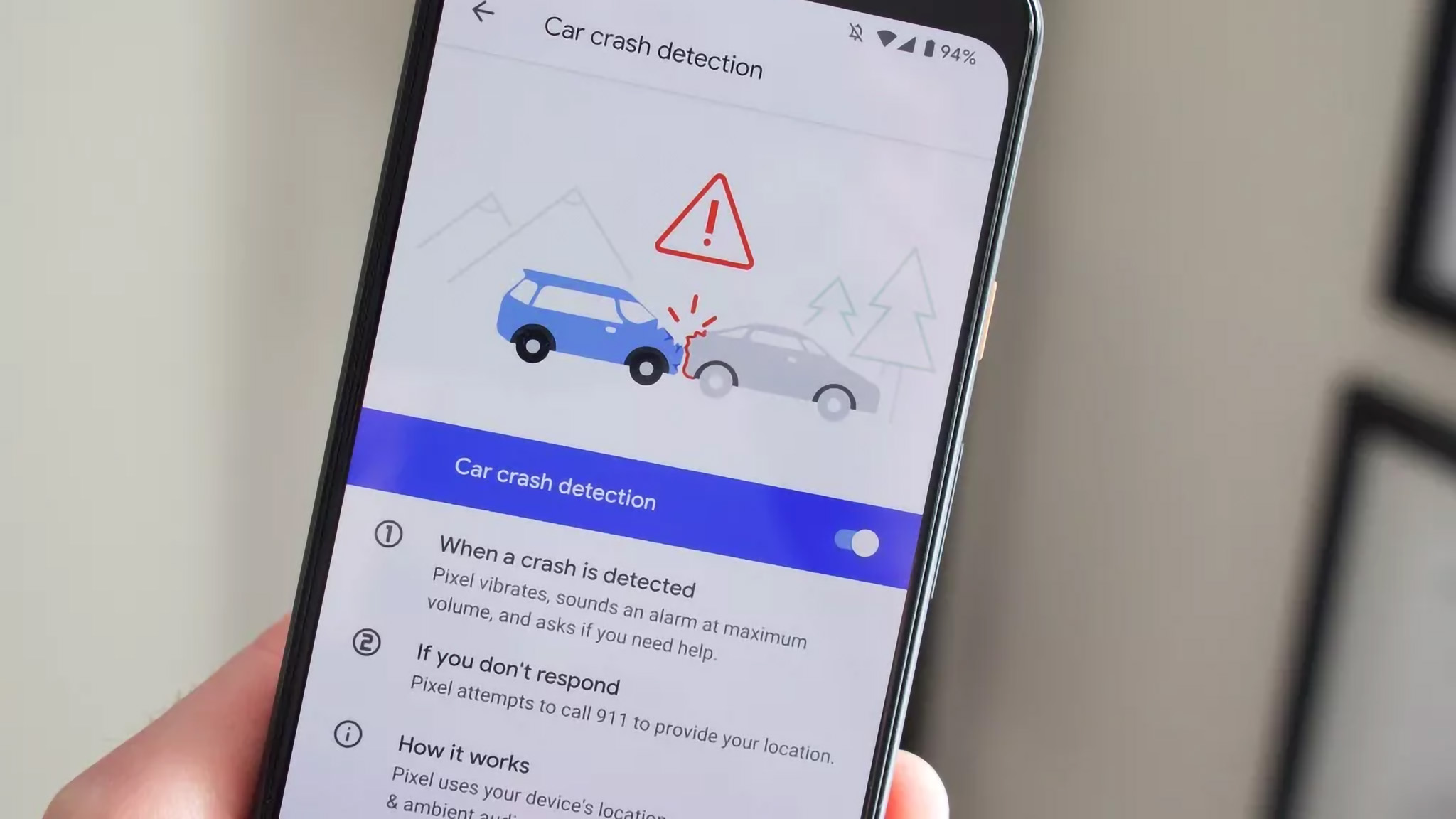 Car crash detection on a Google Pixel 4 XL