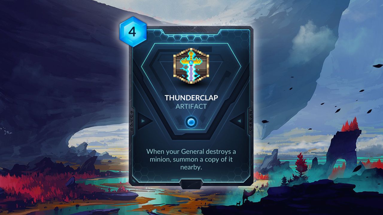 Thunderclap (Vetruvian) &mdash; Similar to the previously announced Songhai artifact Bangle of Blinding Strike, this is another effect we've seen used in a singleplayer boss fight. Counterplay tells me it's not its intention to use those bosses to test mechanics, but if that fight was any indication Thunderclap could be a strong card. The fact that it summons the minion nearby instead of in its place means it doesn't stop things like Rebirth or Dying Wish summons, but it will synergize nicely with Spinecleaver. And, of course, the already powerful Falcius can make this even scarier.