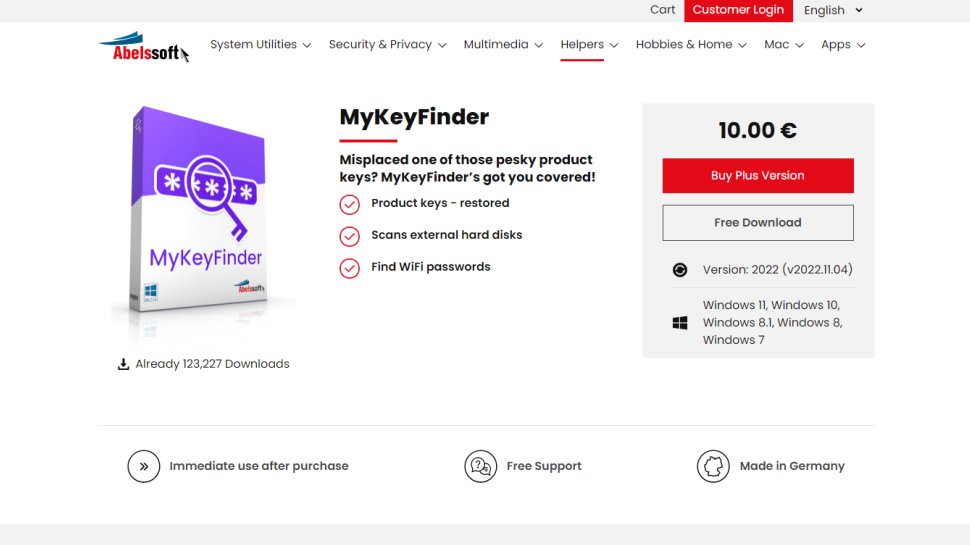 Tangkapan layar situs web untuk MyKeyFinder