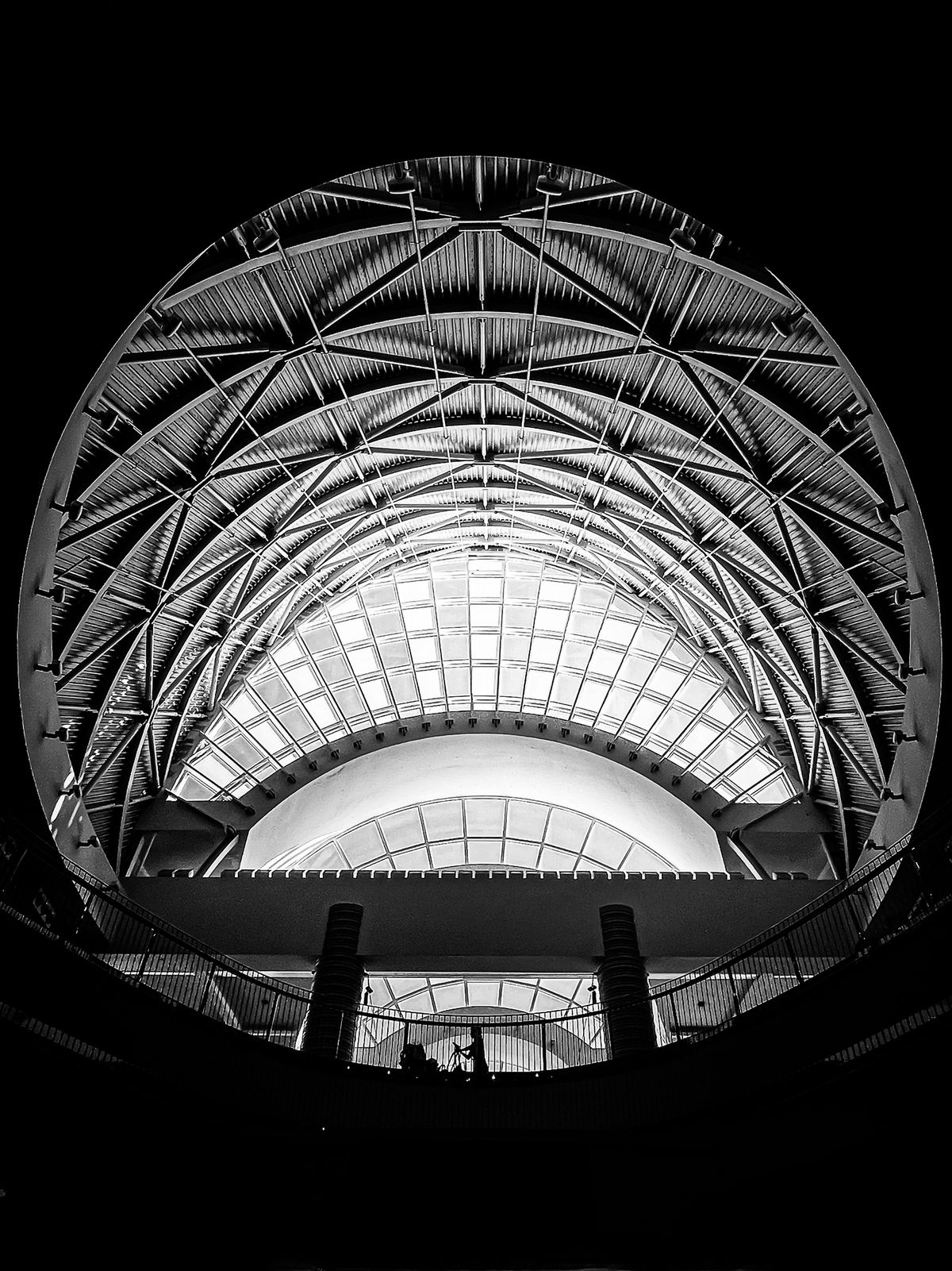 Black and white image of an intricate dome ceiling with a skylight and silhouetted figures on a balcony