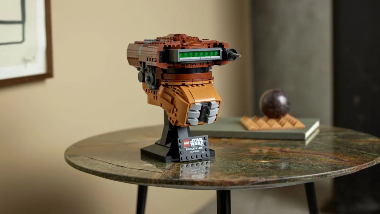 Lego Princess Leia (Boushh) Helmet on a table