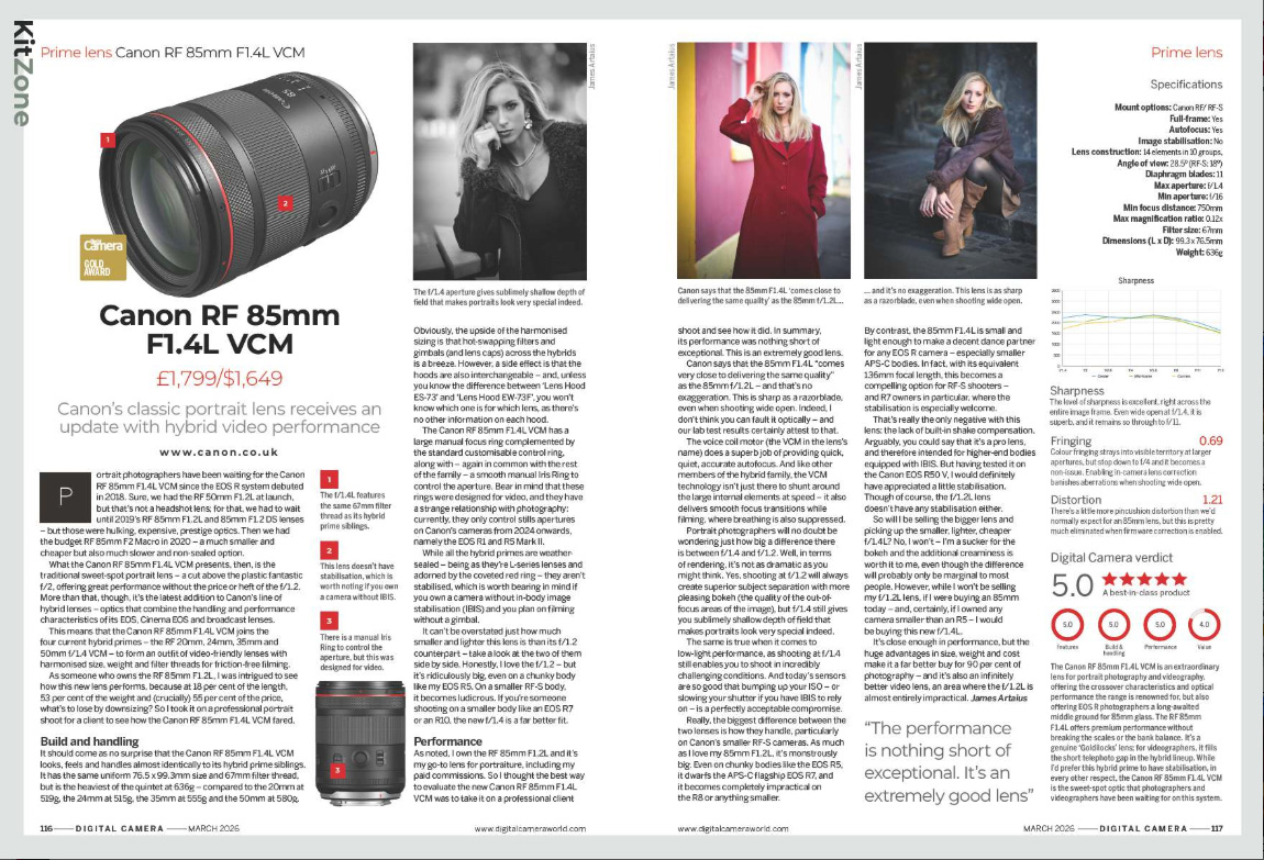 Image showing the first two pages of the Canon RF 85mm F1.4L VCM lens review, in issue 304 (March 2026) of Digital Camera magazine