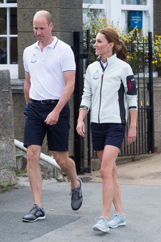 Prince William and Kate Middleton leave the The Royal Yacht Squadron to head to the presentation during the inaugural Kings Cup regatta August 08, 2019 in Cowes, England.