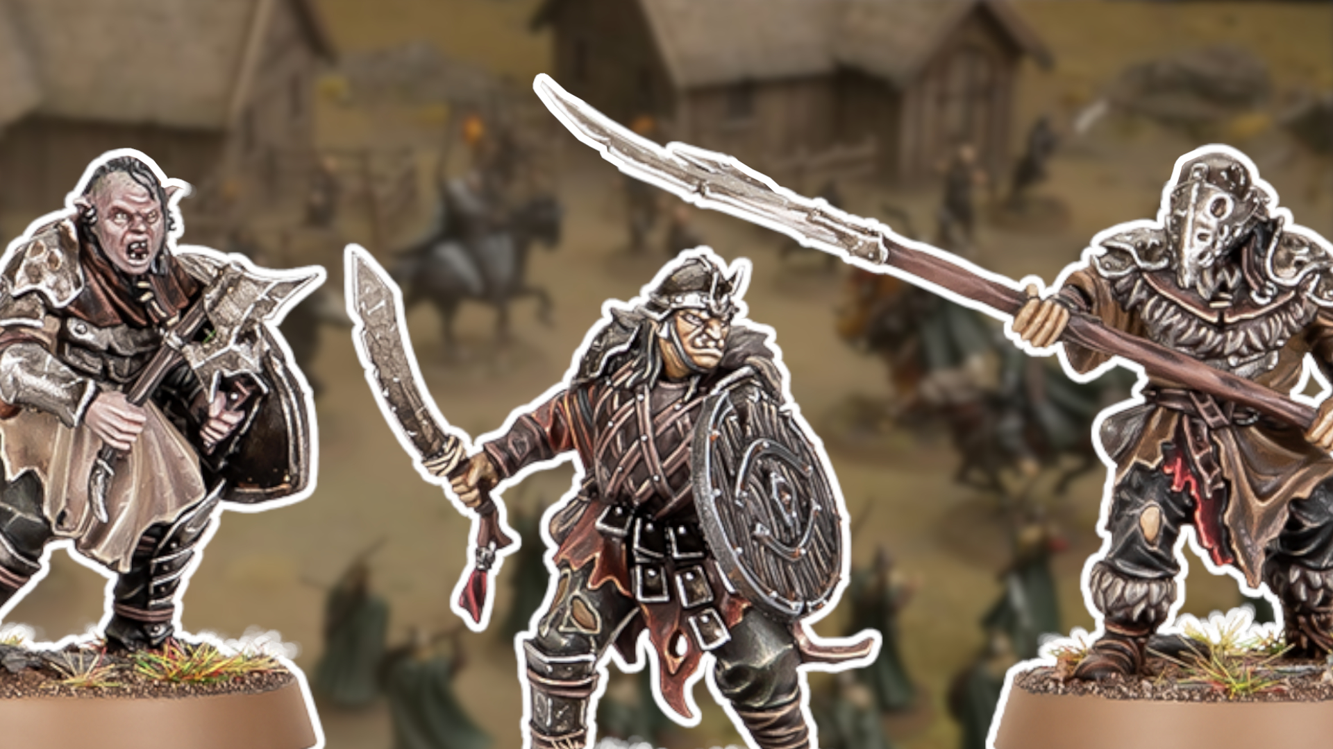 A trio of Mordor Orc models outlined in white against a medieval background, with horse riders and thatched cottages