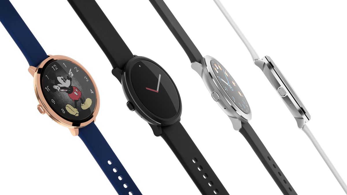 Render of four Pebble Round 2 models, showing the three color options: matte black, brushed silver and polished rose gold.