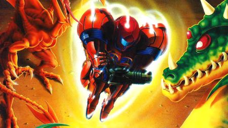 Official Super Metroid art depicting Samus spiraling through the air while bosses like Kraid and Ridley look on