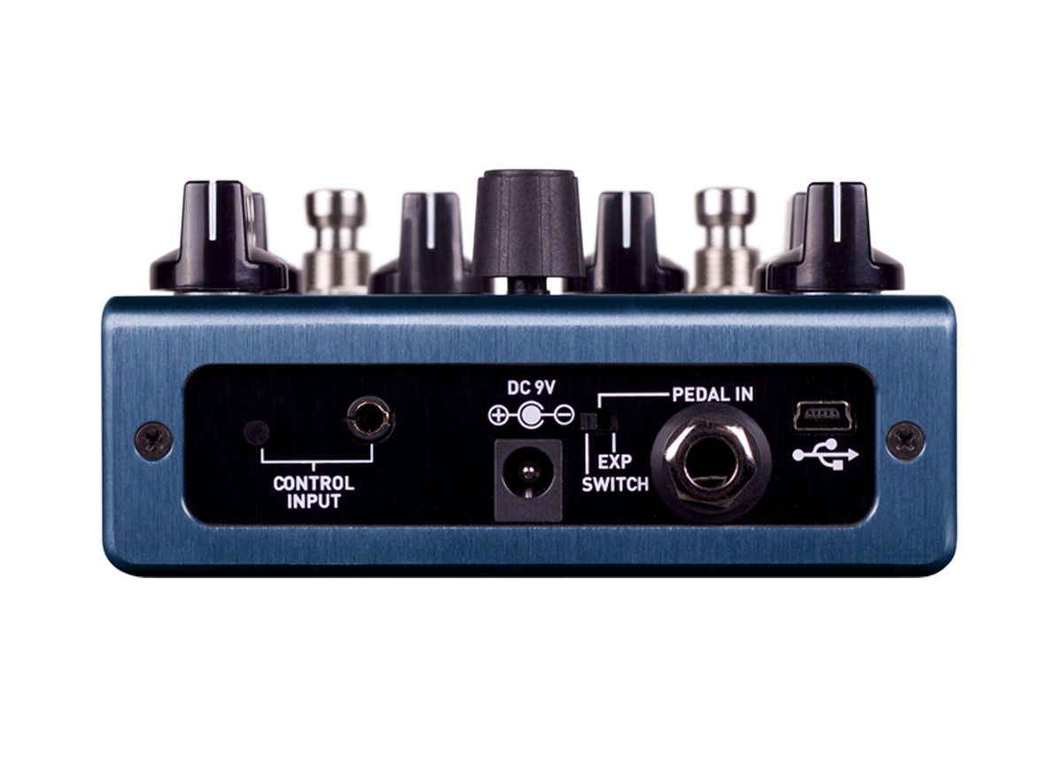 The Collider has inputs for an expression pedal and can connect to the Neuro Mobile App and Neuro Desktop Editor via the headphones jack or mini-USB