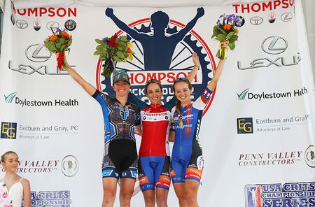 Women's Podium: 2nd place, Emily Newsom (Fearless Femme Racing) 1st place, Samanthe Schneider (ISCorp p/b Progress) 3rd place sister Skylar Schneider (ISCorp p/b Progress)