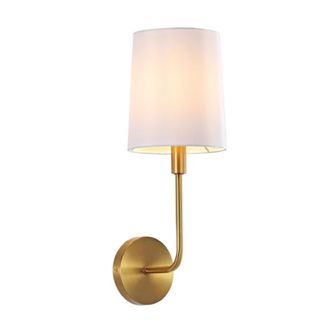 A wall sconce with a gold metal base and a white lampshade