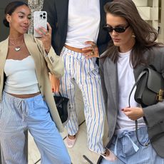 stylish collage featuring three fashion influencer Amaka Hamelijnck, Vicky Montanari, and Valeria Sobalera wearing the striped pajama pants trend