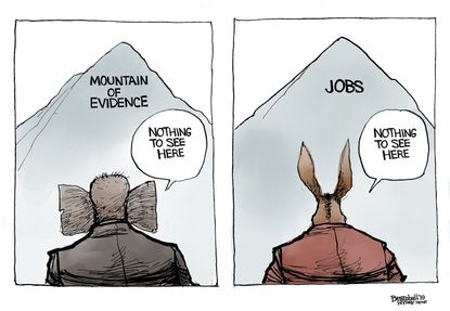 Political Cartoon U.S. GOP Mountain of Evidence Democrats Trump Jobs