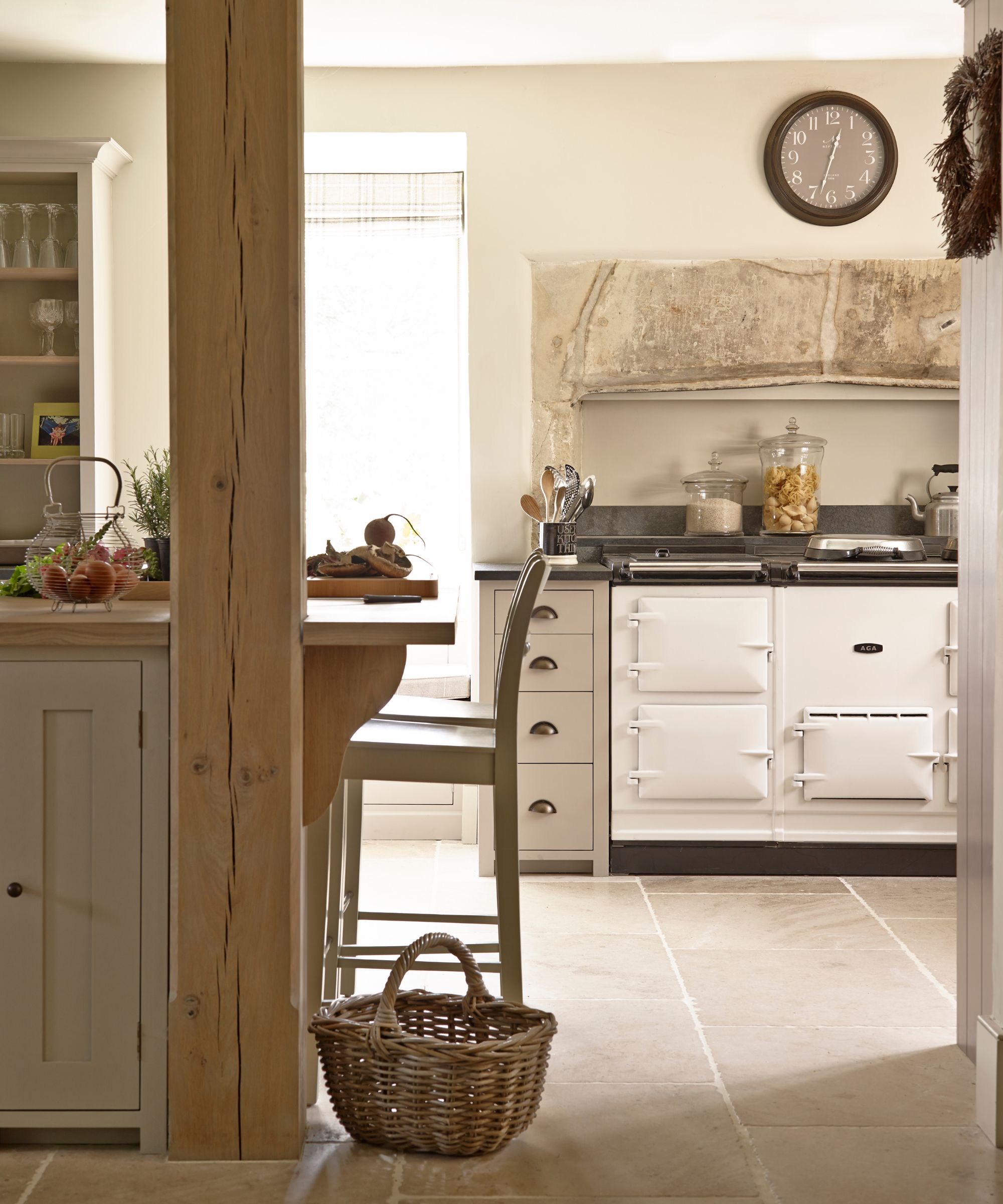 Storage basket in a neutral country kitchen