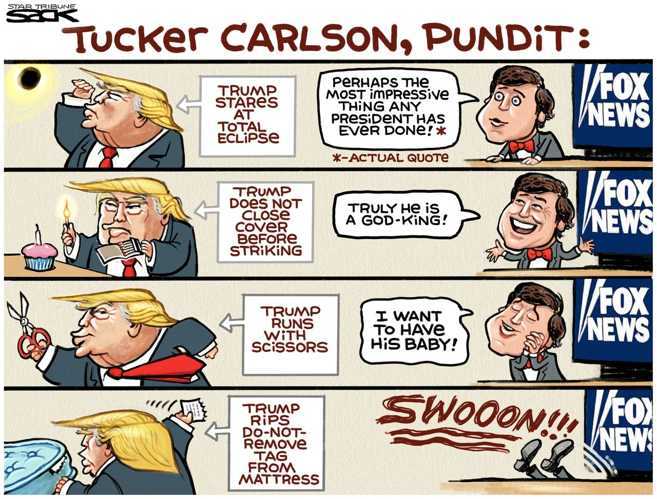 Political cartoon U.S. Trump Tucker Carlson Fox News GOP loyalty