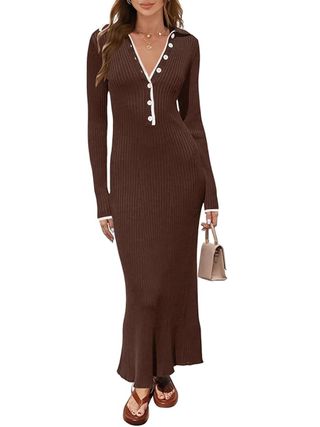 MEROKEETY, Merokeety Women's 2024 Long Sleeve Button Up Sweater Dresses Lapel Collar Knitted Long Pencil Dress, Coffee, S