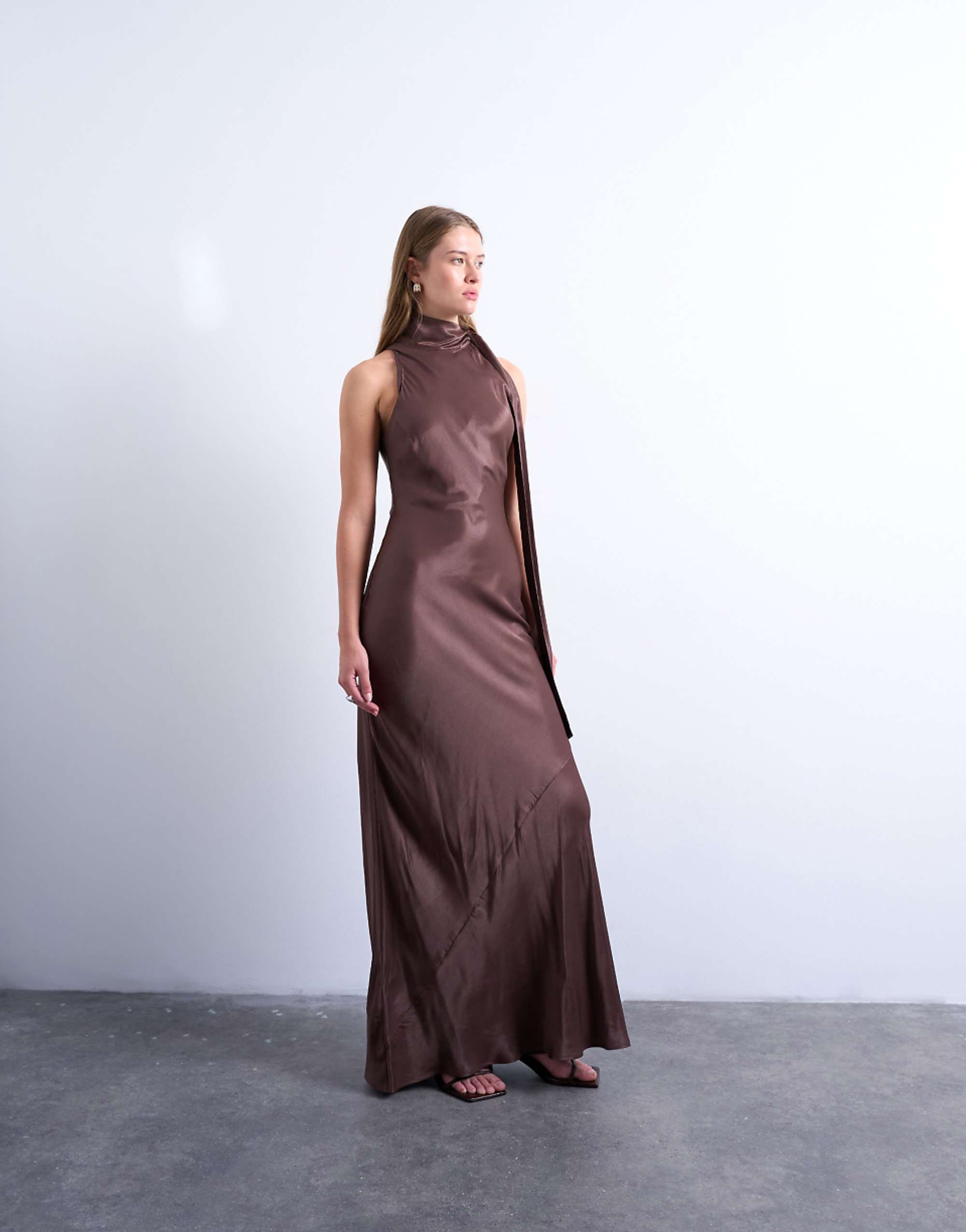 Topshop Satin Tie Neck Bias Sleeveless Dress in Brown