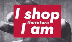 I shop therefore i am written in white letters on a red background