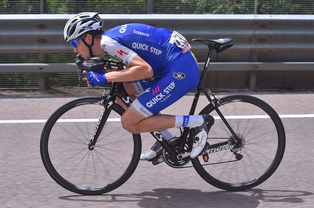 Laurens De Plus gets aero on stage 17 of the Giro d'Italia.