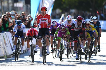 PALMA SPAIN JANUARY 30 Arnaud De Lie of Belgium and Team Lotto Soudal celebrates at finish line as race winner ahead of Giacomo Nizzolo of Italy and Team Israel StartUp Nation Hugo Hofstetter of France and Team Arkea Samsic Juan Sebastian Molano Benavides of Colombia and UAE Team Sasha Weemaes of Belgium and Team Sport Vlaanderen Baloise Luca Colnaghi of Italy and Team Bardiani Csf Faizane and Michael Matthews of Australia and Team BikeExchange Jayco during the 1st Challenge Ciclista Mallorca 2022 Trofeo Playa De PalmaPalma a 1691km race from Playa de Palma to Palma ChallengeMallorca on January 30 2022 in Palma Spain Photo by Dario BelingheriGetty Images