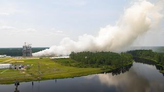 NASA conducts a single-engine hot fire test of an RS-25 rocket engine at the agency's Stennis Space Center, on Aug. 5, 2021.