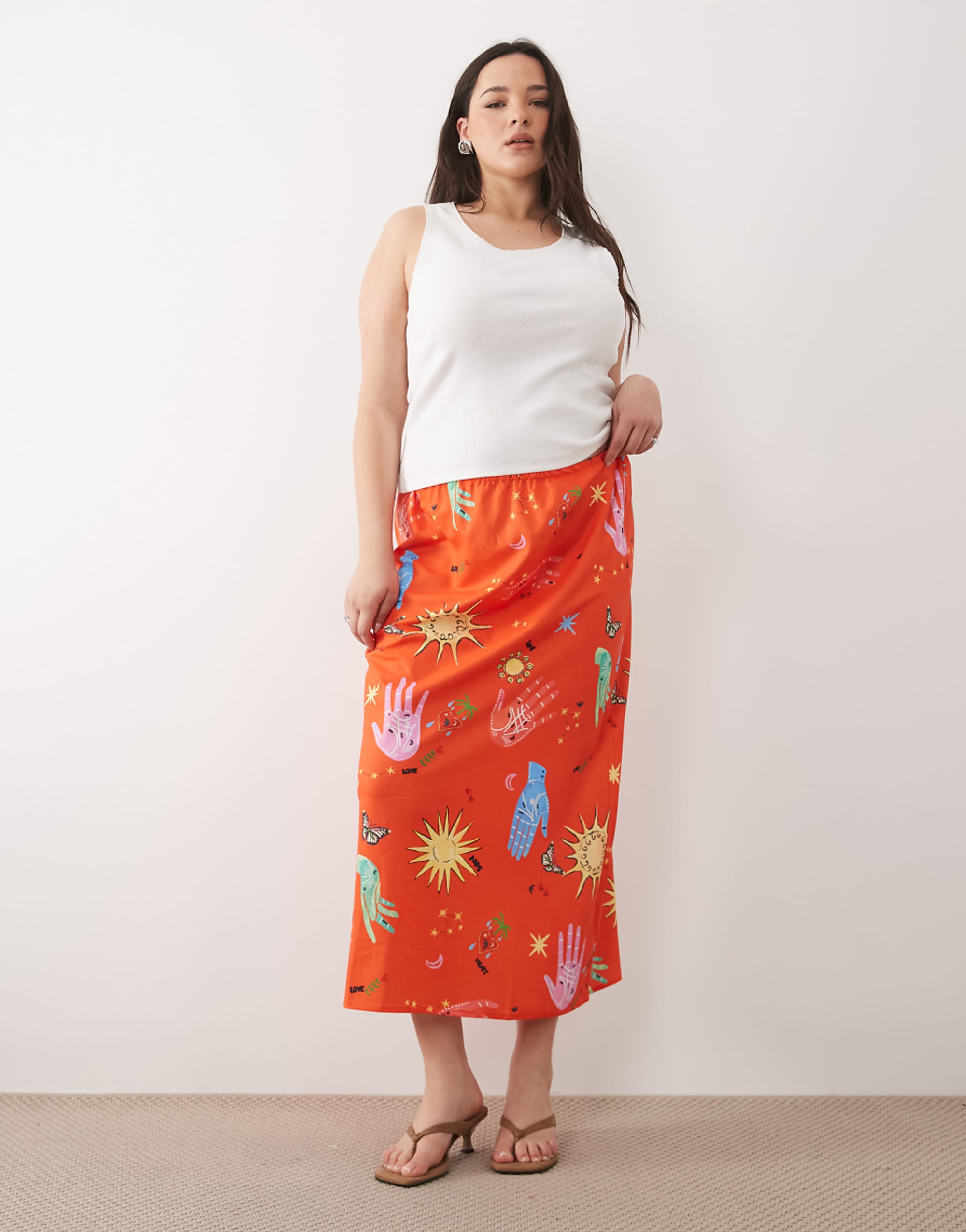 Never Fully Dressed Plus Dorris Satin Maxi Skirt in Red Celestial Print