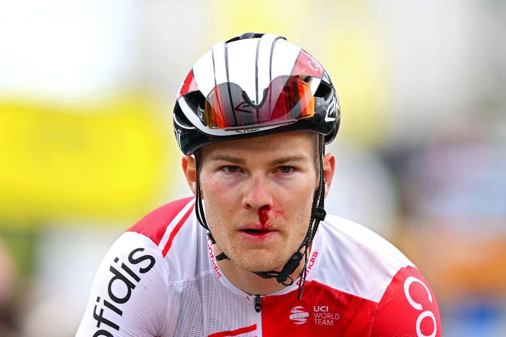 PAU FRANCE JULY 12 Axel Zingle of France and Team Cofidis crosses the finish line injured after being involved in a crash during the 111th Tour de France 2024 Stage 13 a 1653km stage from Agen to Pau UCIWT on July 12 2024 in Pau France Photo by Dario BelingheriGetty Images