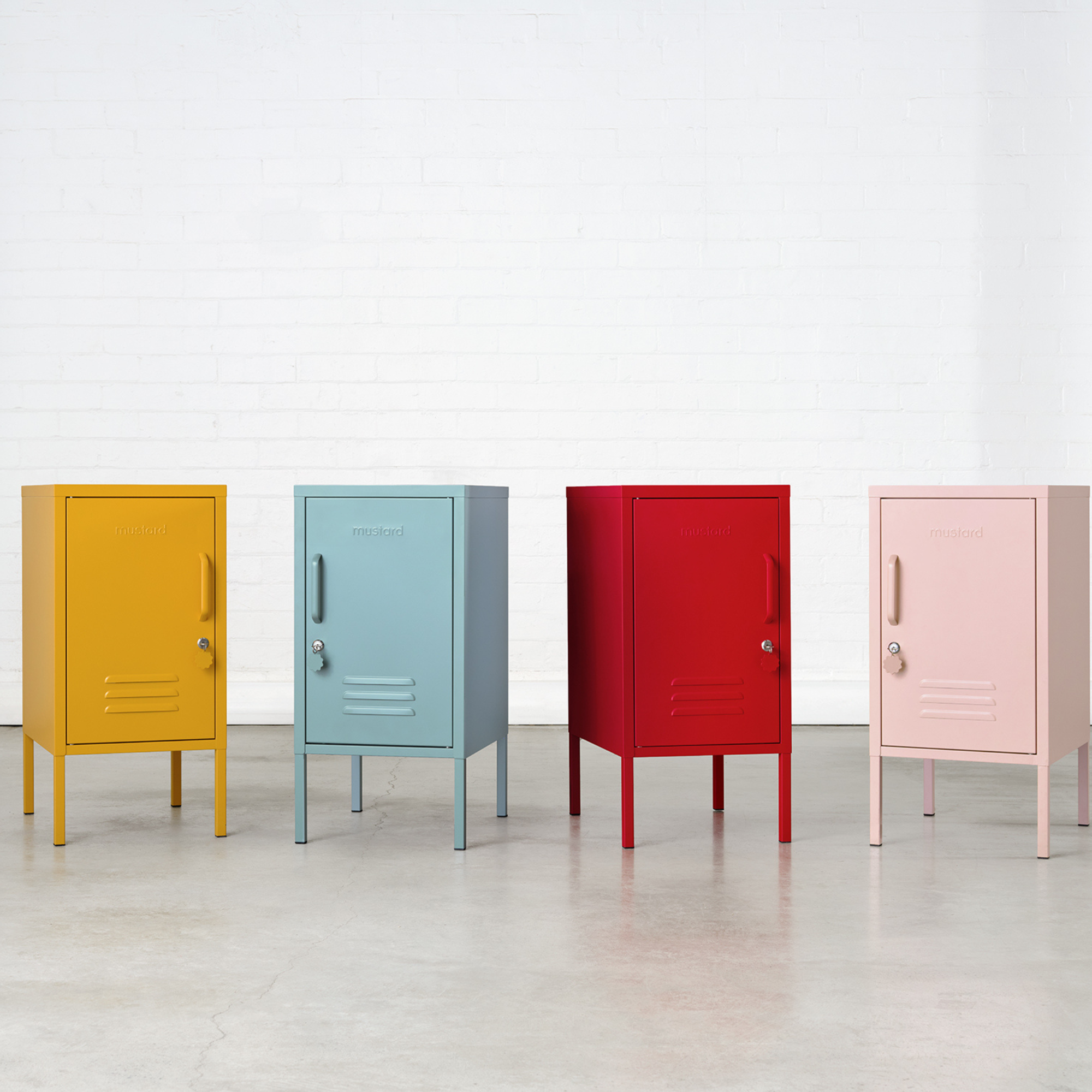Mustard Made lockers in a warehouse.