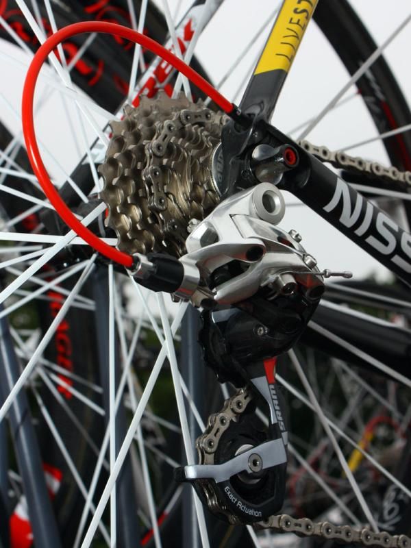 This Team Radioshack bike has a Red cassette installed but the team has mostly been using the quieter-running PG-1070 model.