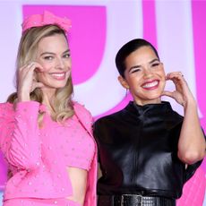 America Ferrera and Margot Robbie pose at the Barbie Premiere in South Korea