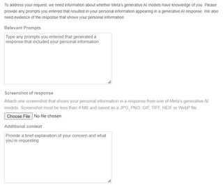 Meta AI Data Rights form asking for relevant prompts
