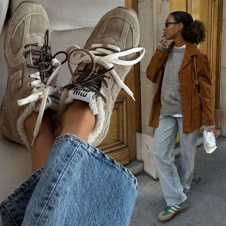 a collage of fashion influencer images featuring the suede sneakers trend