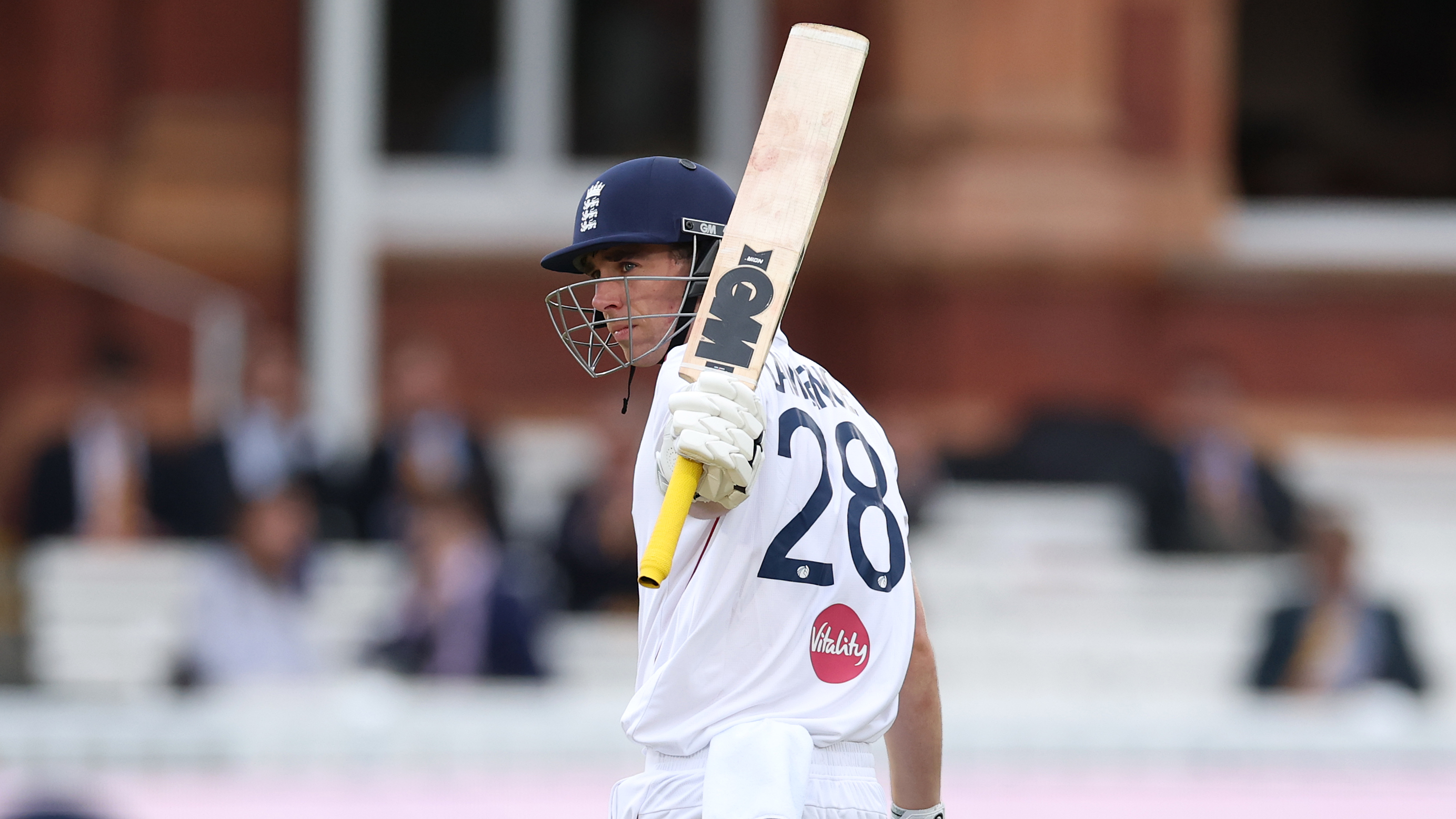 Dan Lawrence of England reaches his 50 during day three of the 2nd Rothesay Test Match between England and Pakistan at Lord's Cricket Ground