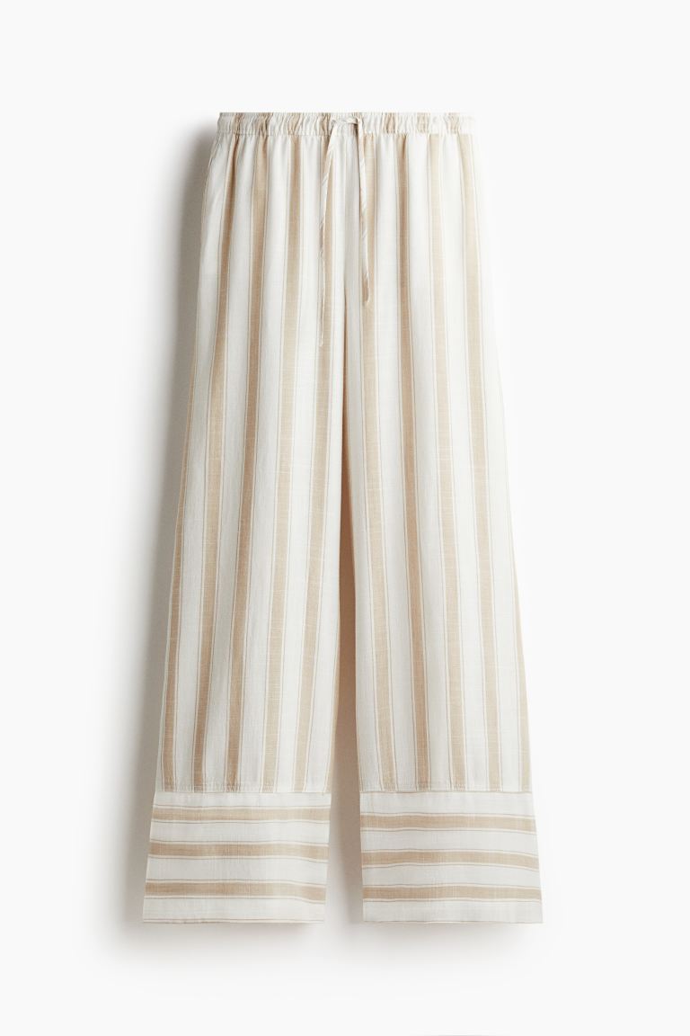Beige and White Striped Linen-Blend Drawstring Trousers