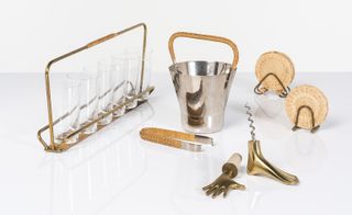 Image of Glasses, ice bucket, wine stopper and corkscrew, and coasters