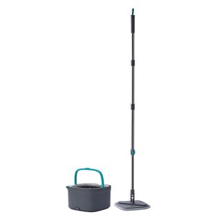 A gray and teal bucket and mop