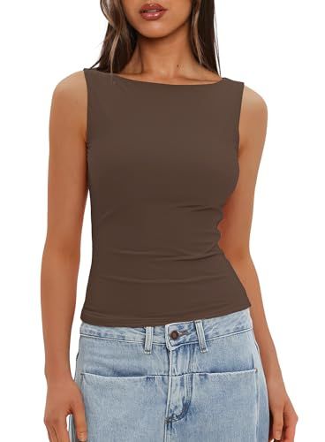 Darong Women Sexy Boat Neck Tank Top Summer Y2k Going Out Basic Cami Shirt 9081 Coffee M