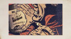 Photo collage of a jar of El Mordjene spread in a struggle with a man, rendered in a 1950s comic book style and a red, blue and white colour scheme.