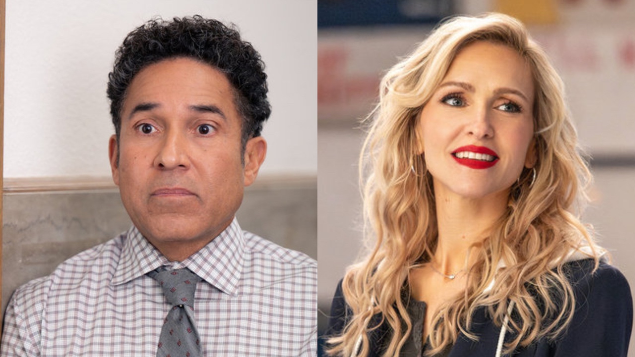 Oscar looking forward in The Paper and Courteney coaching her team in Stumble