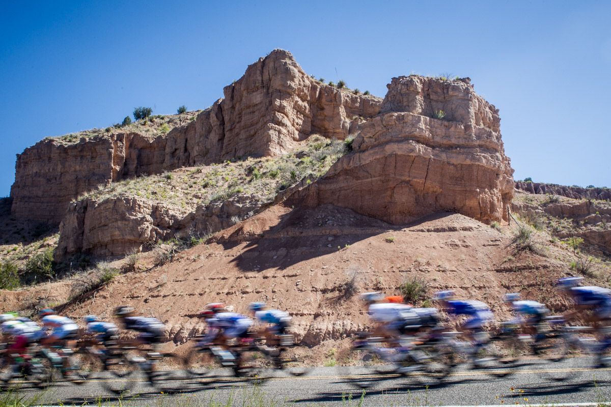 Riders descend through some of the desert scenery
