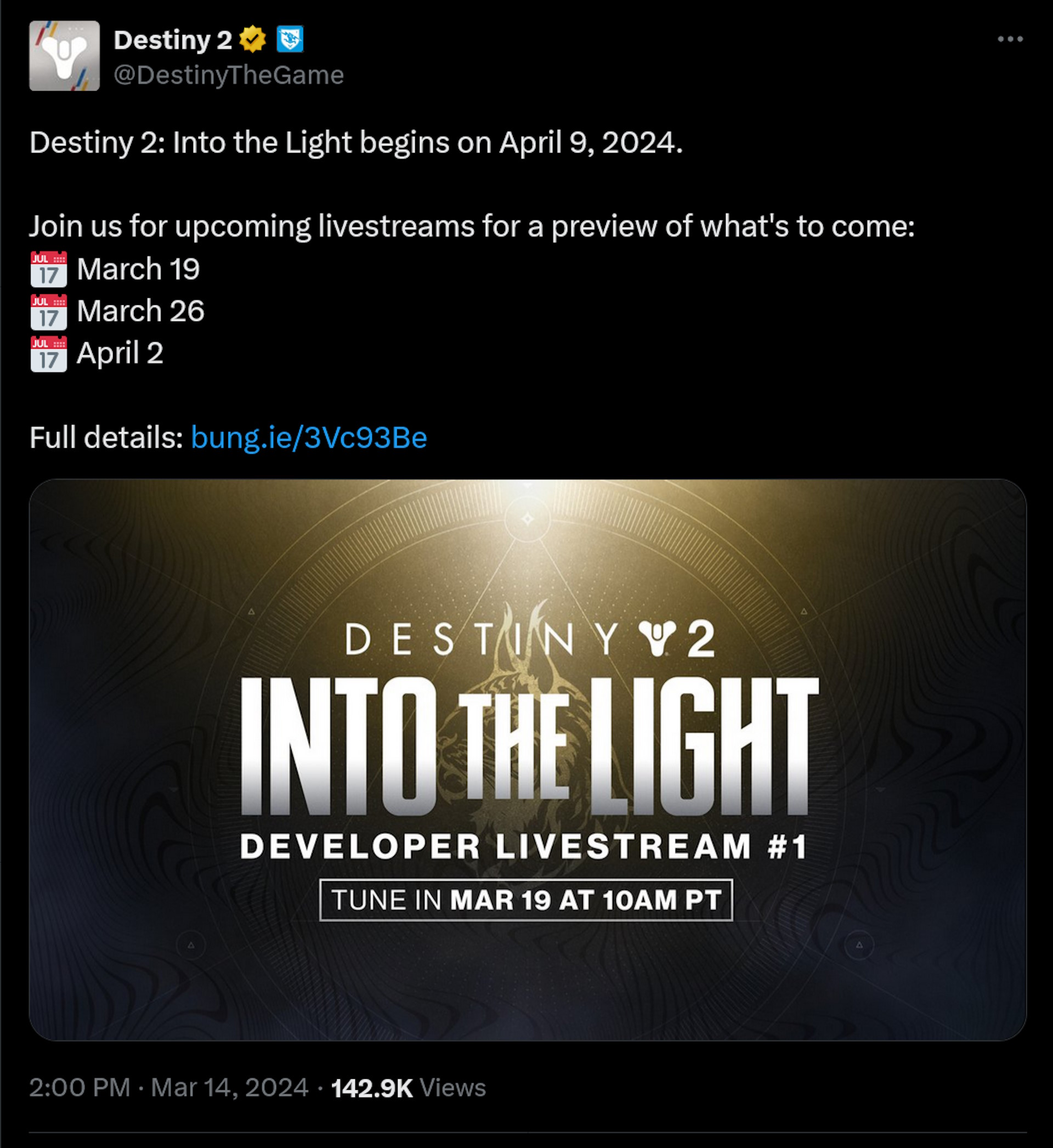 Destiny 2: Into the Light begins on April 9, 2024.  Join us for upcoming livestreams for a preview of what's to come: ???? March 19 ???? March 26 ???? April 2  Full details: http://bung.ie/3Vc93Be