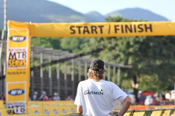 The Team Garmin mechanic waits for the start of the marathon.