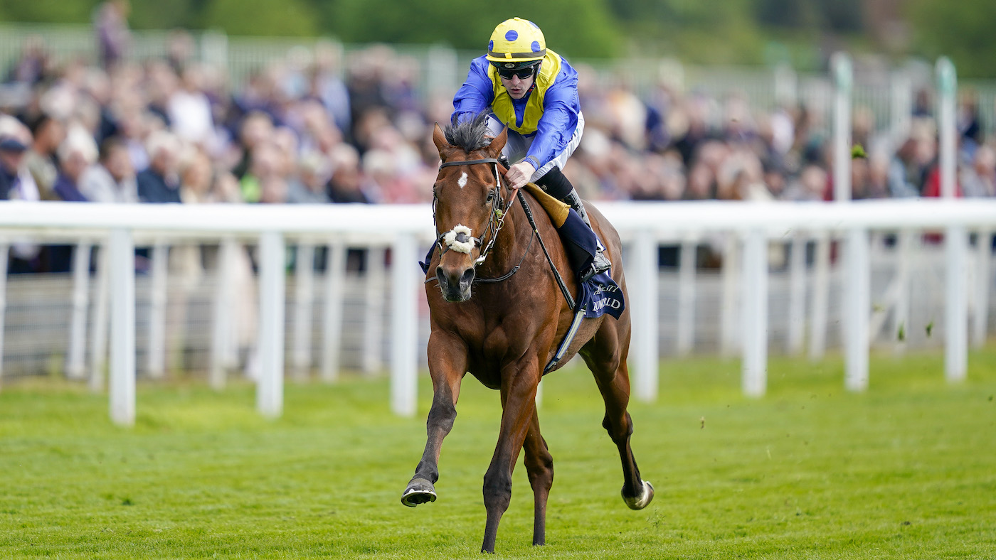 Desert Crown Dante: Desert Crown, ridden by Richard Kingscote, on his way to winning the Al Basti Equiworld Dubai Dante Stakes at York in May.