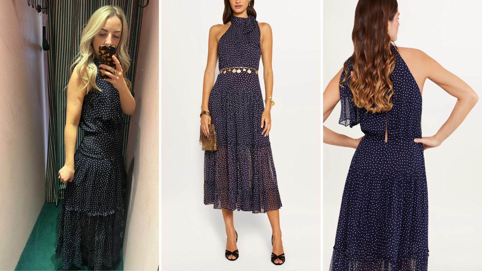 Caroline Parr trying on a Rixo dress, and the Rixo dress pictured on a model