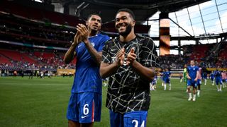 Reece James and Levi Colwill applaud the fans after their 2-0 win over LAFC.