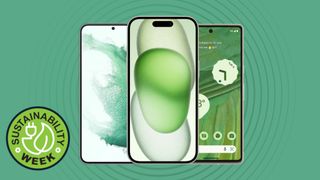 A hero image showing an iPhone, a Pixel, and a Samsung phone on a green background