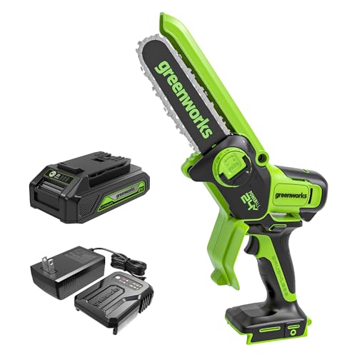 Greenworks 24v 6 in Mini Pruning Chainsaw, 2.0 Ah Battery and Charger